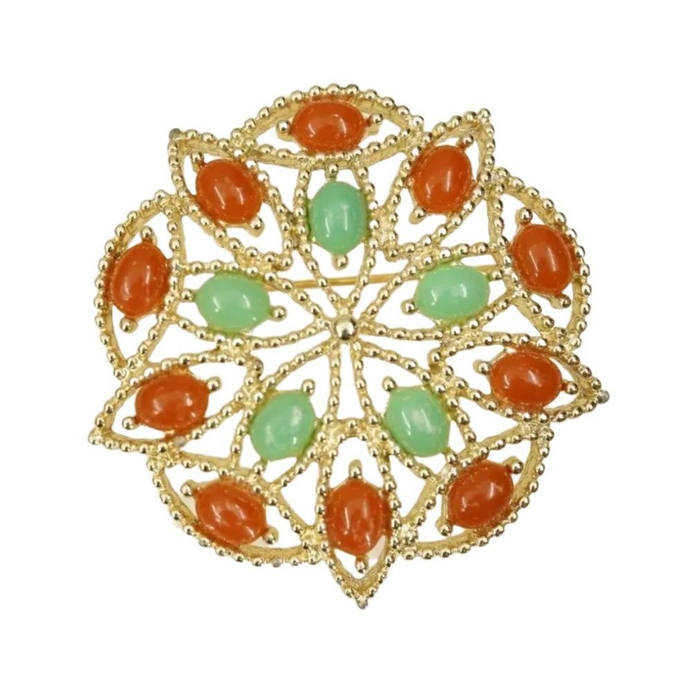 Vintage Sarah Coventry 1969 Gold Tone Acapulco Faux Jade & Coral Brooch.